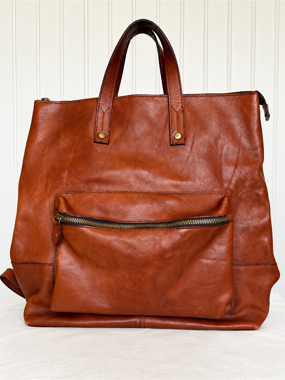 I Medici Firenze Italian Leather Convertible Backpack Tote Cognac Brown Large